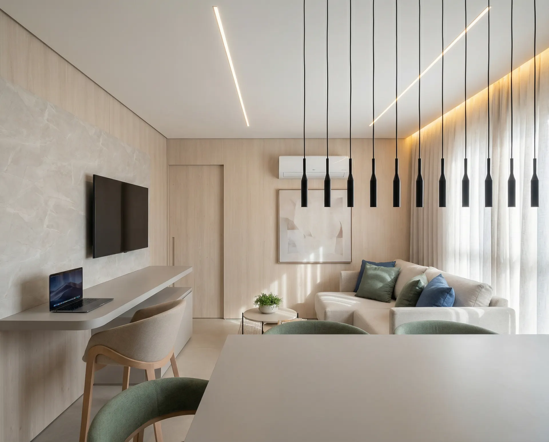 Sala de estar e jantar com mármore e pendente de madeira