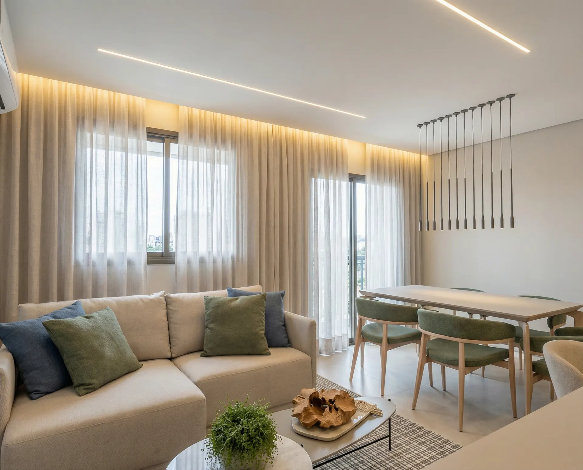 Sala de estar e jantar com almofadas verde-oliva