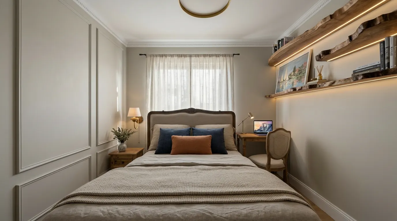 Quarto de casal em tons navy e terracota