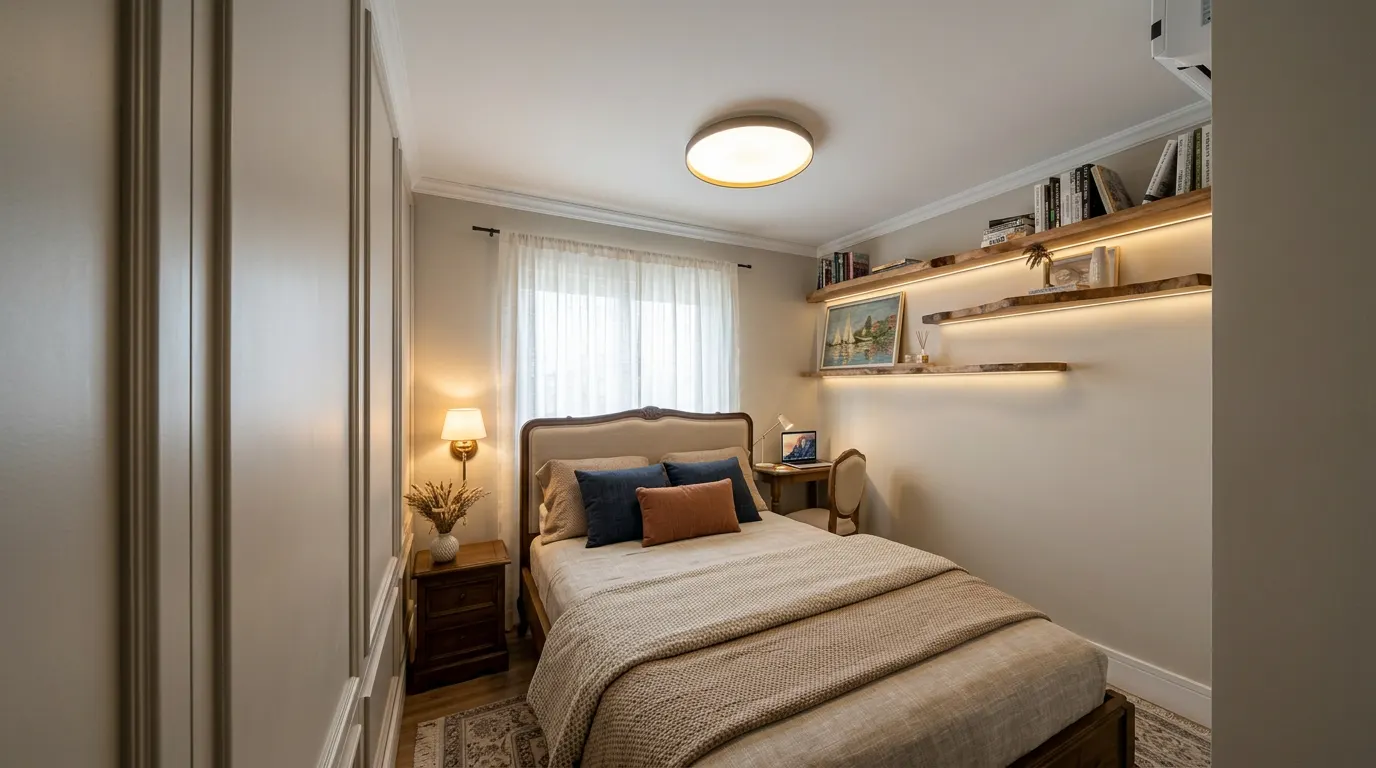 Quarto de casal com almofadas navy e terracota